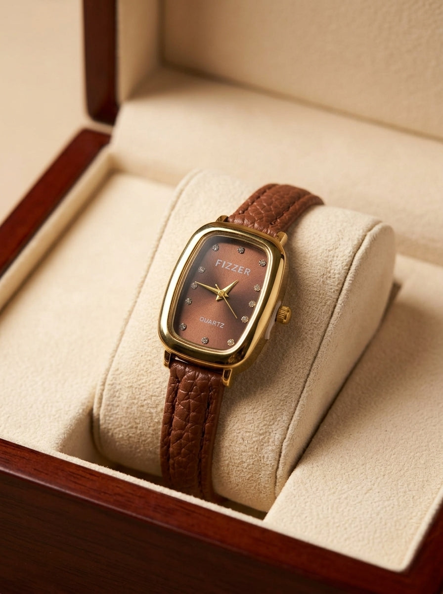 Fizzer Ladies Vintage Rectangular Watch – Brown Dial, Gold-Tone Case & Brown Leather-Style Strap