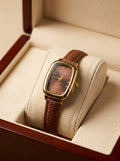 Fizzer Ladies Vintage Rectangular Watch – Brown Dial, Gold-Tone Case & Brown Leather-Style Strap