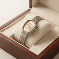 Women's Silver-Tone Oval Watch – Champagne Dial with Crystal-Style Markers