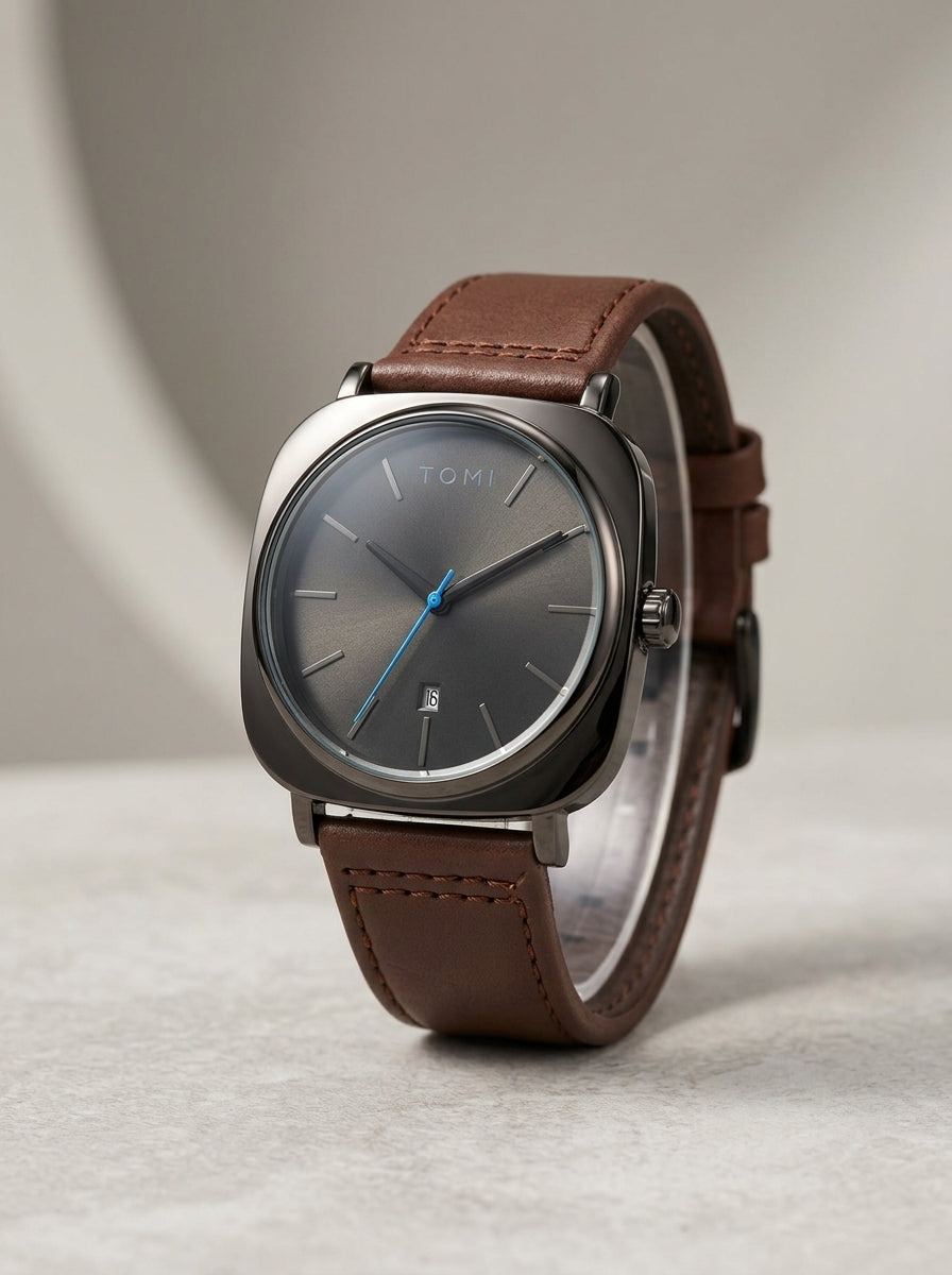 TOMI Men's Grey Dial Watch – Brown Leather Strap - With Box