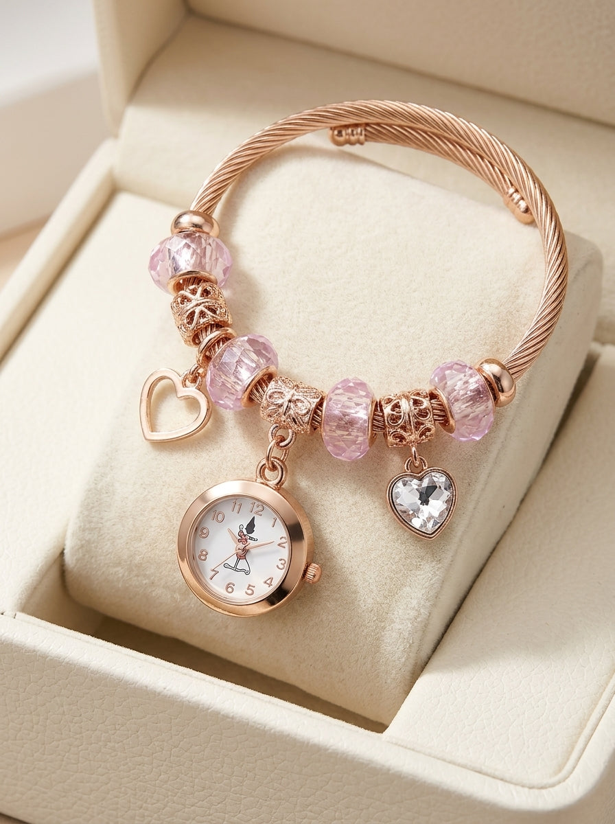 Rose Gold Charm Bracelet Watch – Pink Beaded Design with Heart Charms