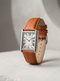 Tank Must Style Silver Rectangular Watch with Tan Leather Strap