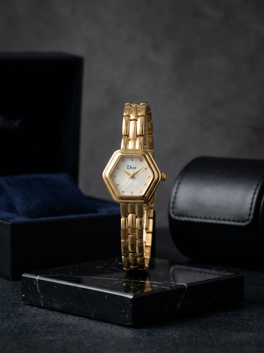 Dior Hexagonal Gold-Tone Ladies Watch – White Dial