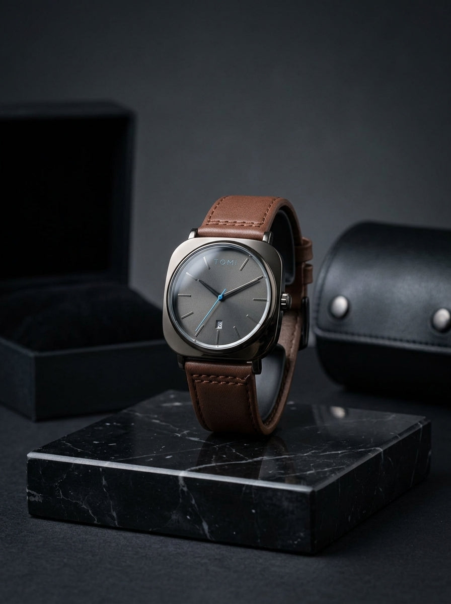 TOMI Men's Grey Dial Watch – Brown Leather Strap - With Box