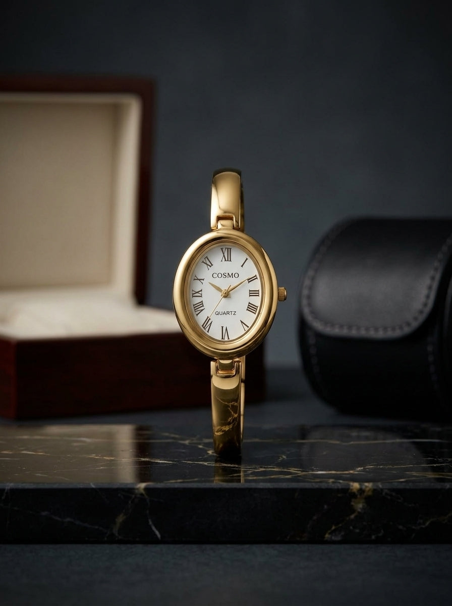 COSMO Women's Gold-Tone Oval Watch – White Roman Numeral Dial