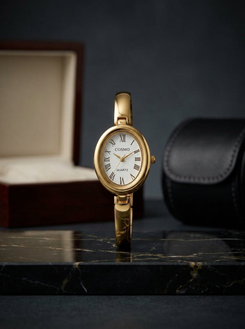 COSMO Women's Gold-Tone Oval Watch – White Roman Numeral Dial
