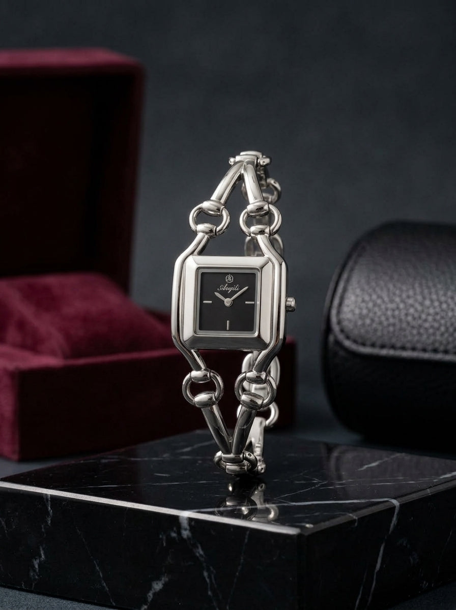 Chain Link Style Black Dial Silver-Tone Ladies Watch