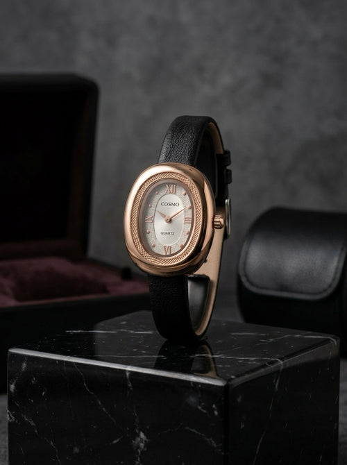 COSMO Women's Rose Gold Oval Watch – Mother of Pearl Dial &amp; Black Strap