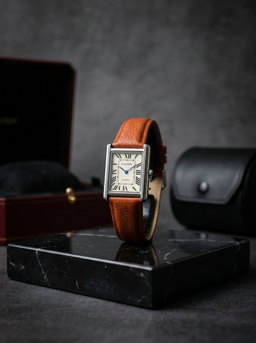 Tank Must Style Silver Rectangular Watch with Tan Leather Strap