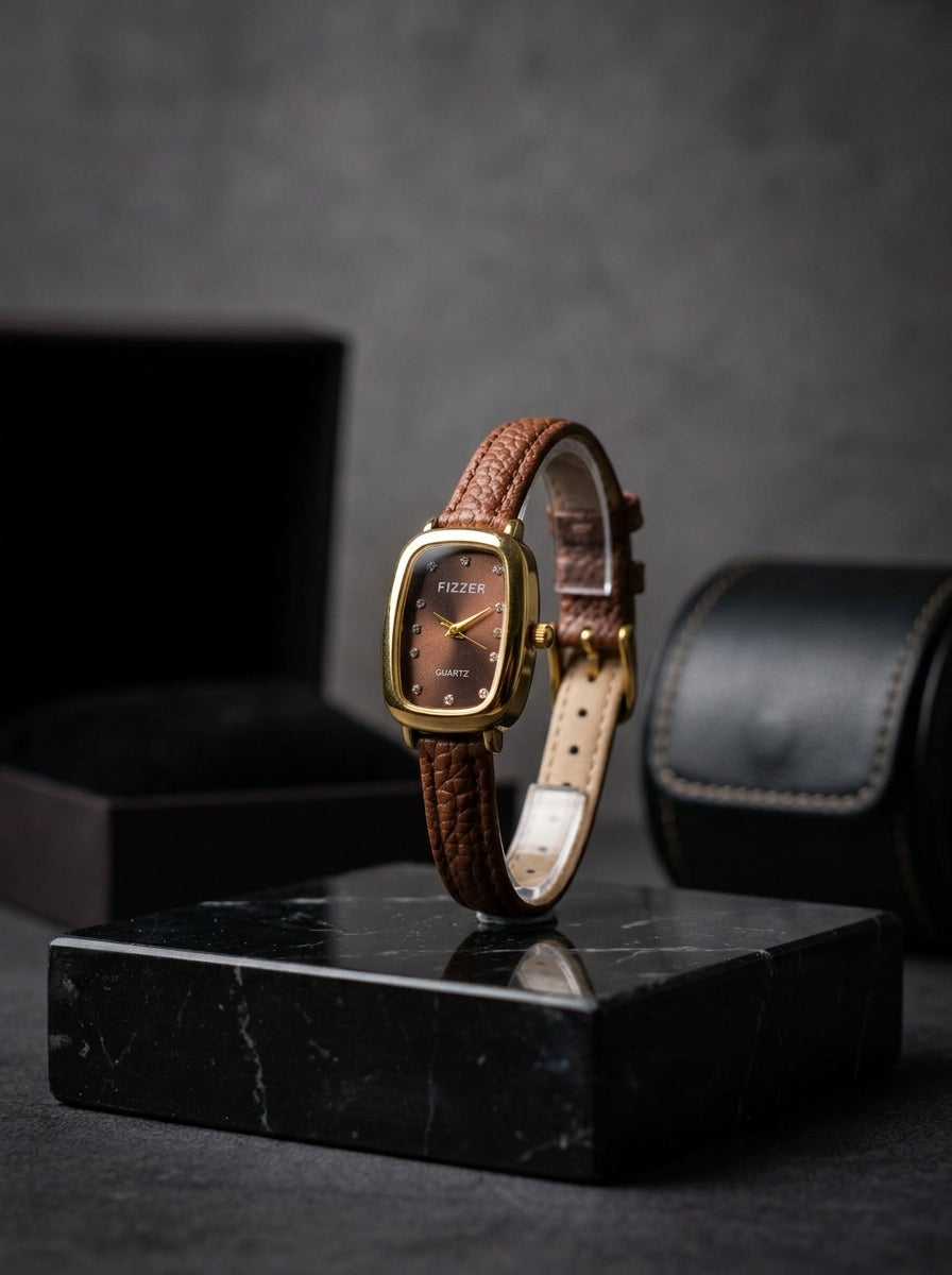 Fizzer Ladies Vintage Rectangular Watch – Brown Dial, Gold-Tone Case & Brown Leather-Style Strap