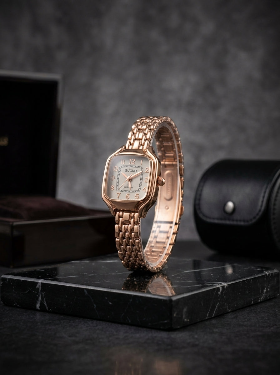 GUGUO Ladies Rose Gold Rectangular Watch – Champagne Dial & Link Bracelet