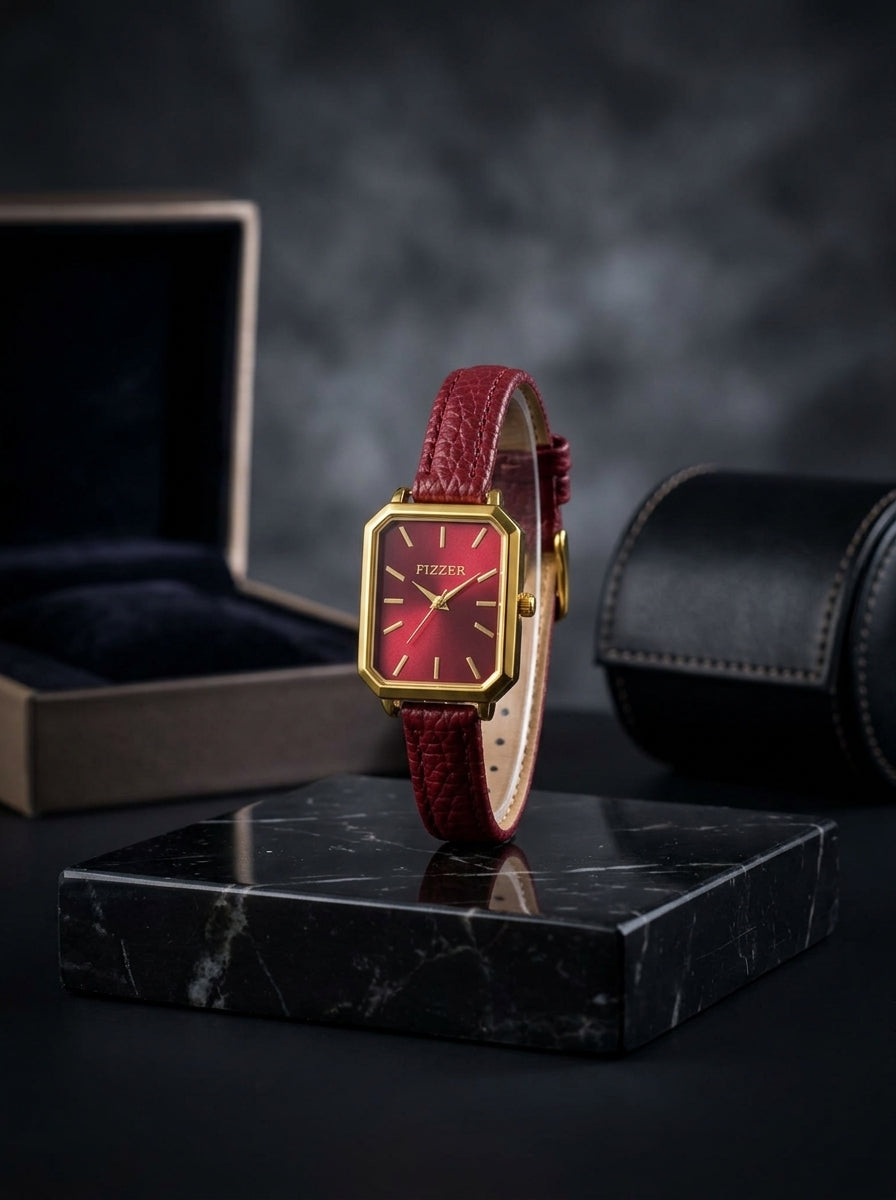 Fizzer Ladies Rectangular Watch – Burgundy Red Dial, Gold-Tone Case & Matching Strap