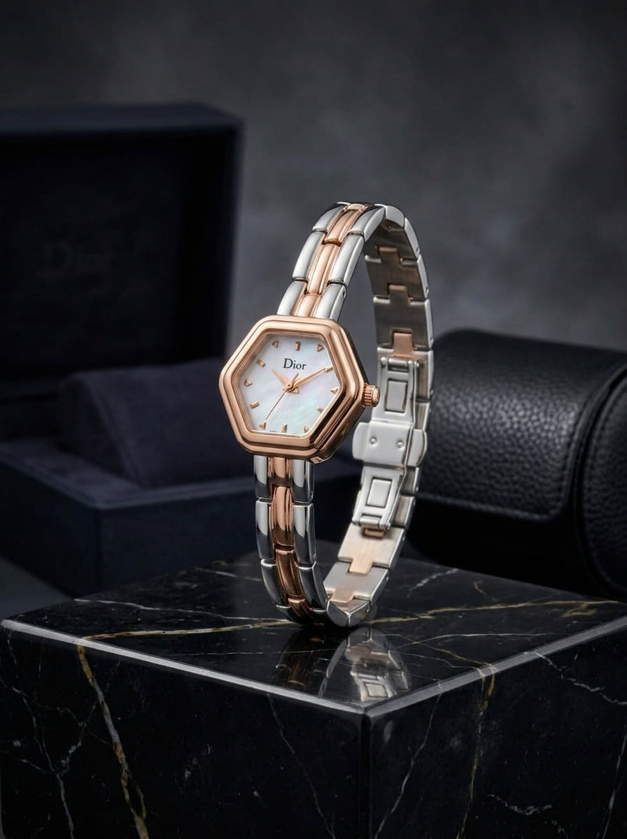Dior Ladies Hexagonal Watch – Ivory White Dial, Two-Tone Silver & Rose Gold Bracelet