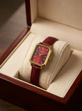 Fizzer Ladies Rectangular Watch – Burgundy Red Dial, Gold-Tone Case & Matching Strap