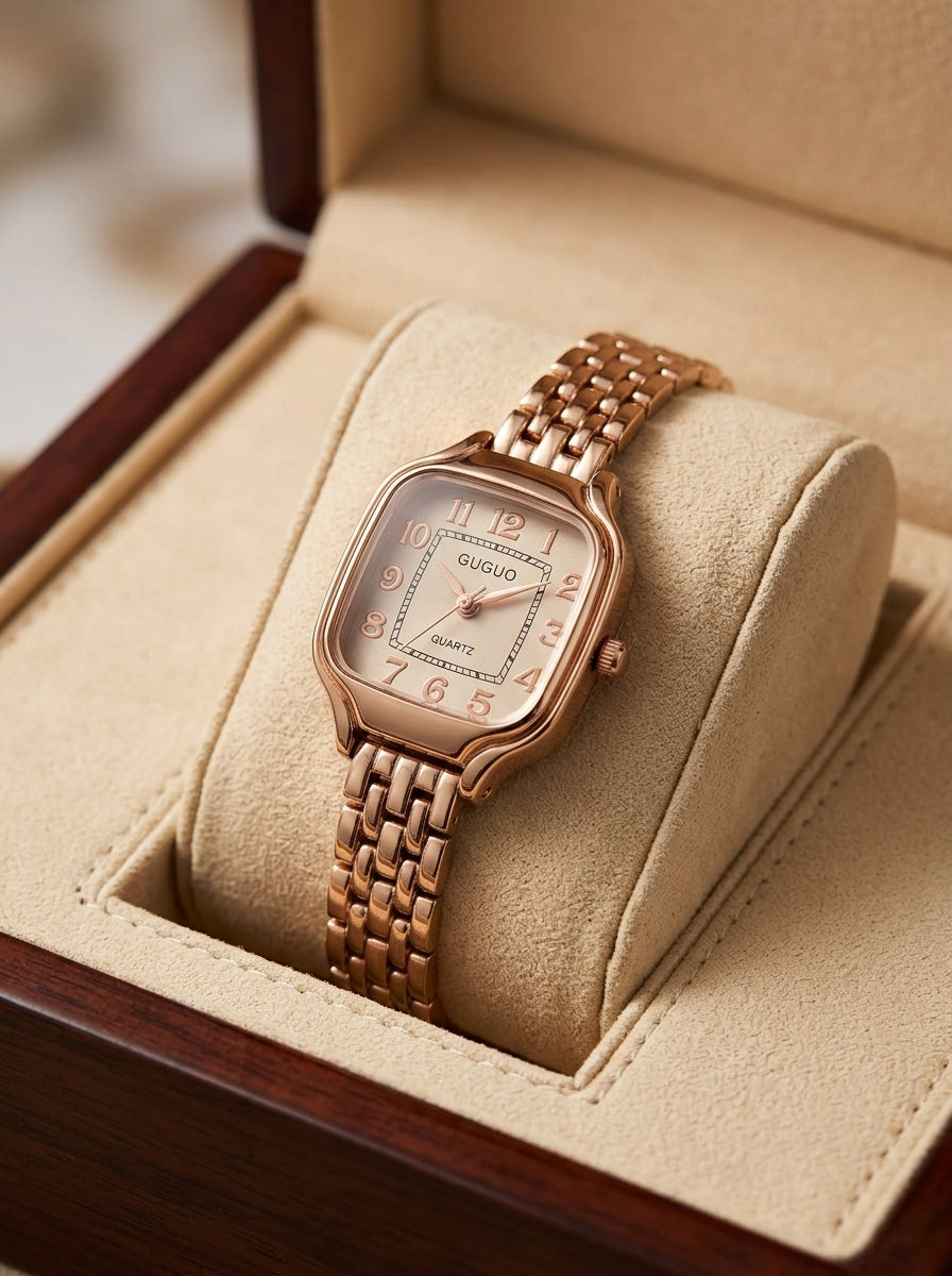 GUGUO Ladies Rose Gold Rectangular Watch – Champagne Dial & Link Bracelet