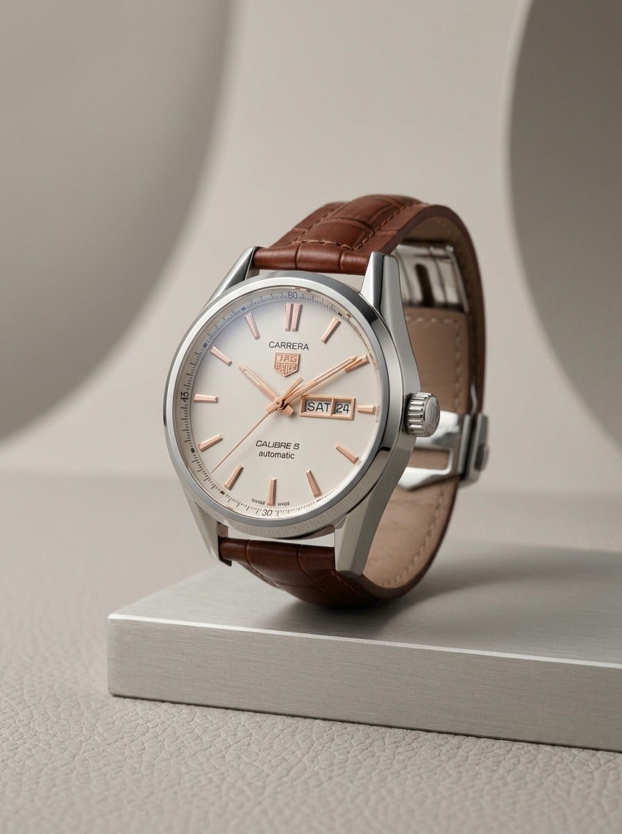 TAG Heuer Carrera Calibre 5 – Silver Dial, Brown Leather Strap