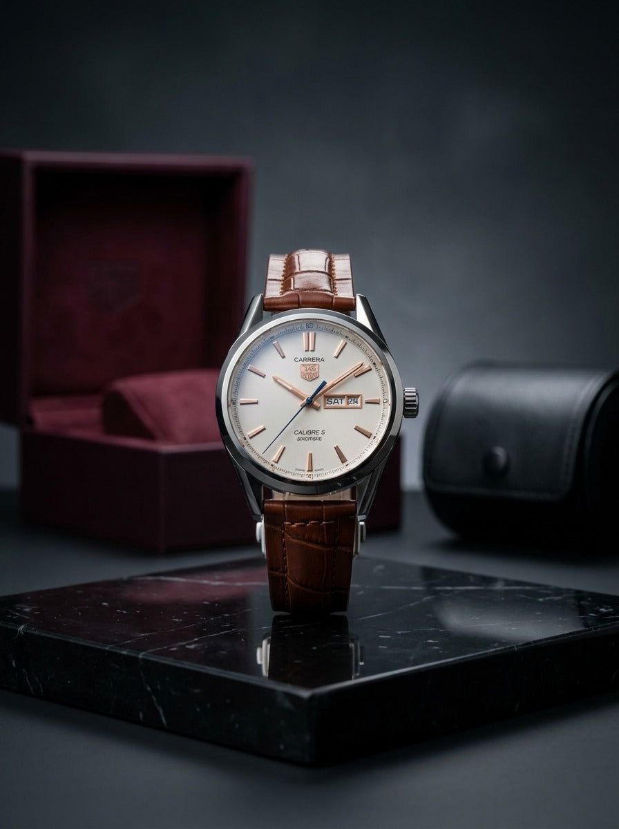 TAG Heuer Carrera Calibre 5 – Silver Dial, Brown Leather Strap