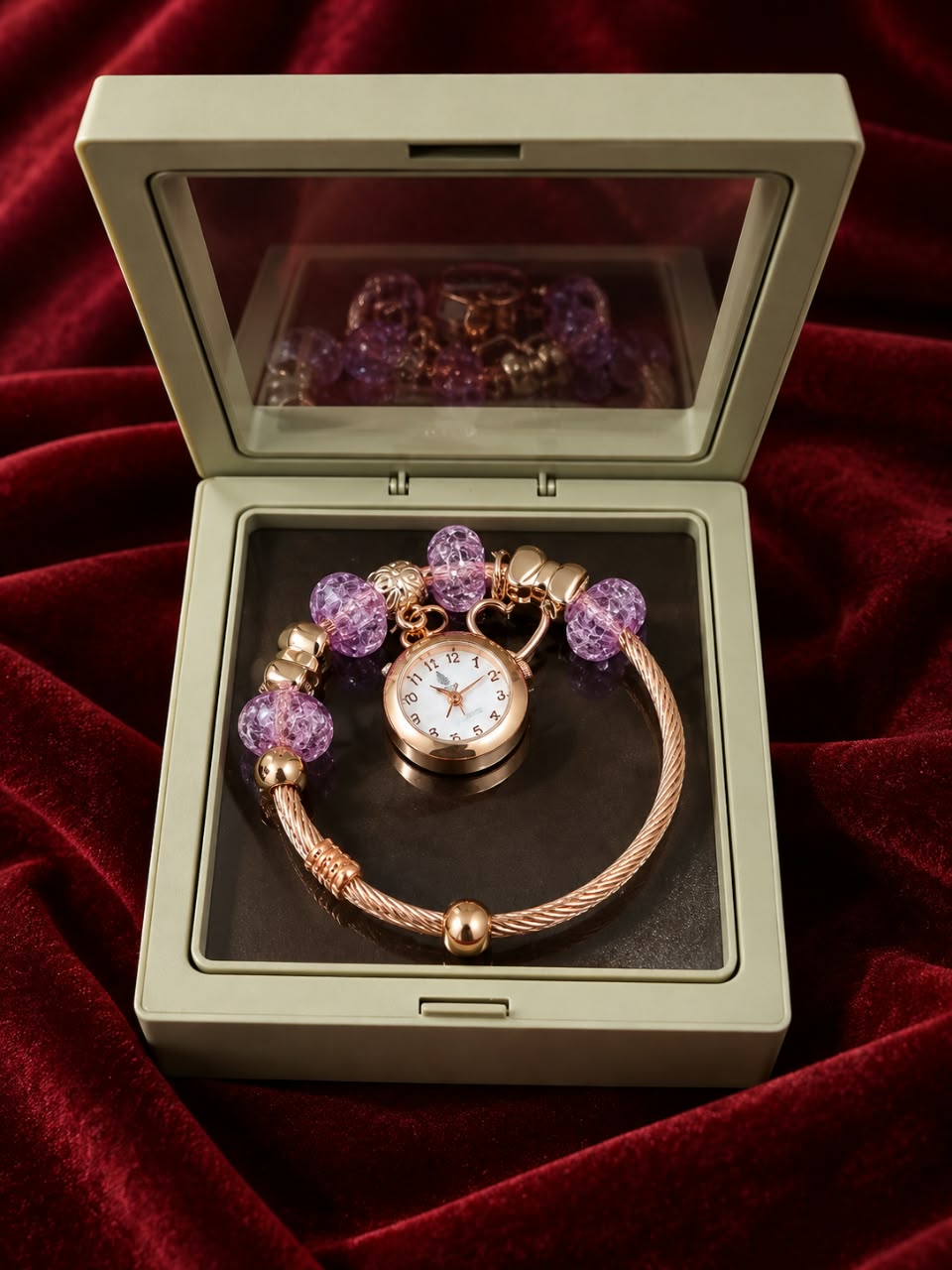Rose Gold Charm Bracelet Watch – Pink Beaded Design with Heart Charms