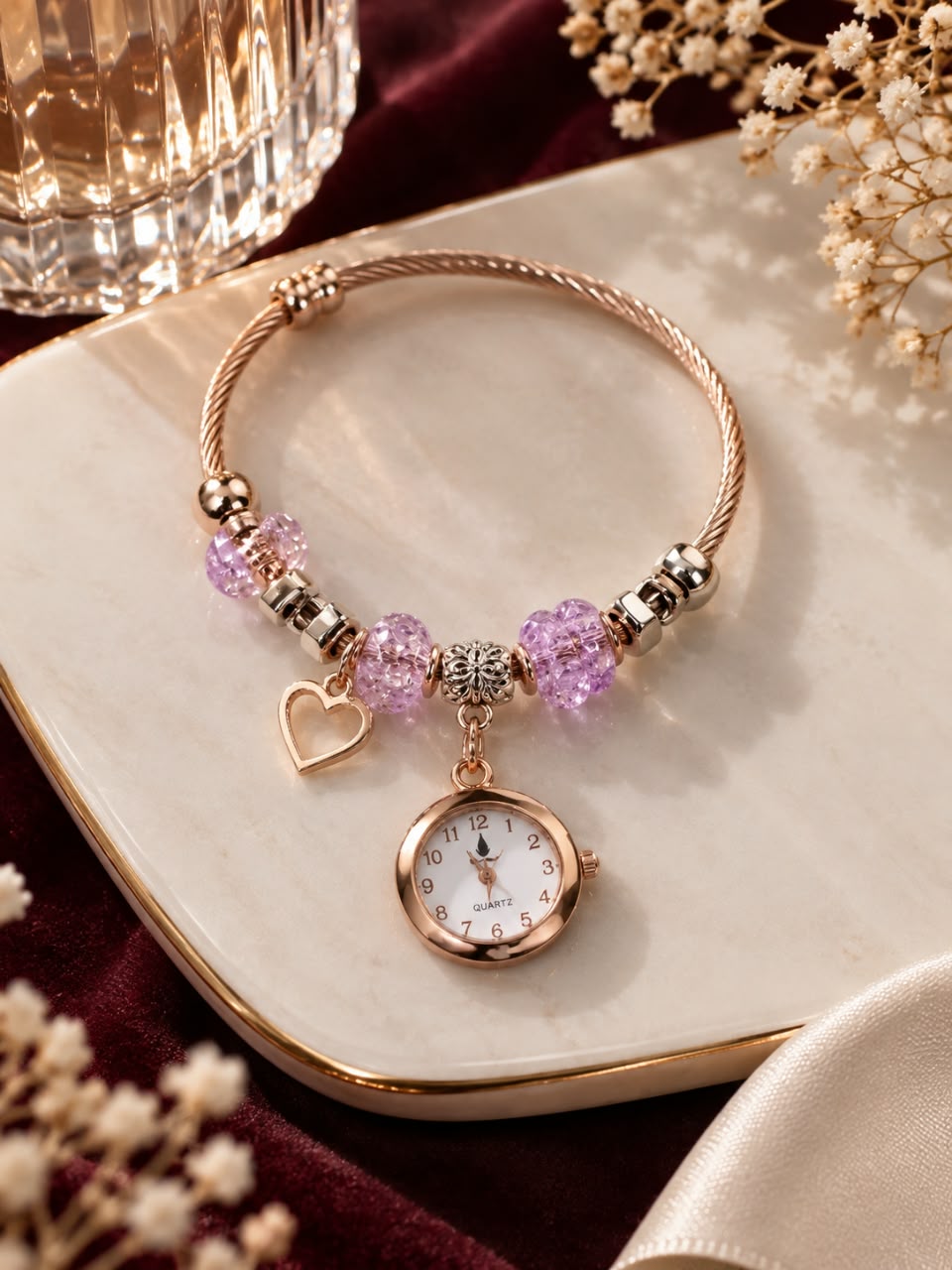 Rose Gold Charm Bracelet Watch – Pink Beaded Design with Heart Charms