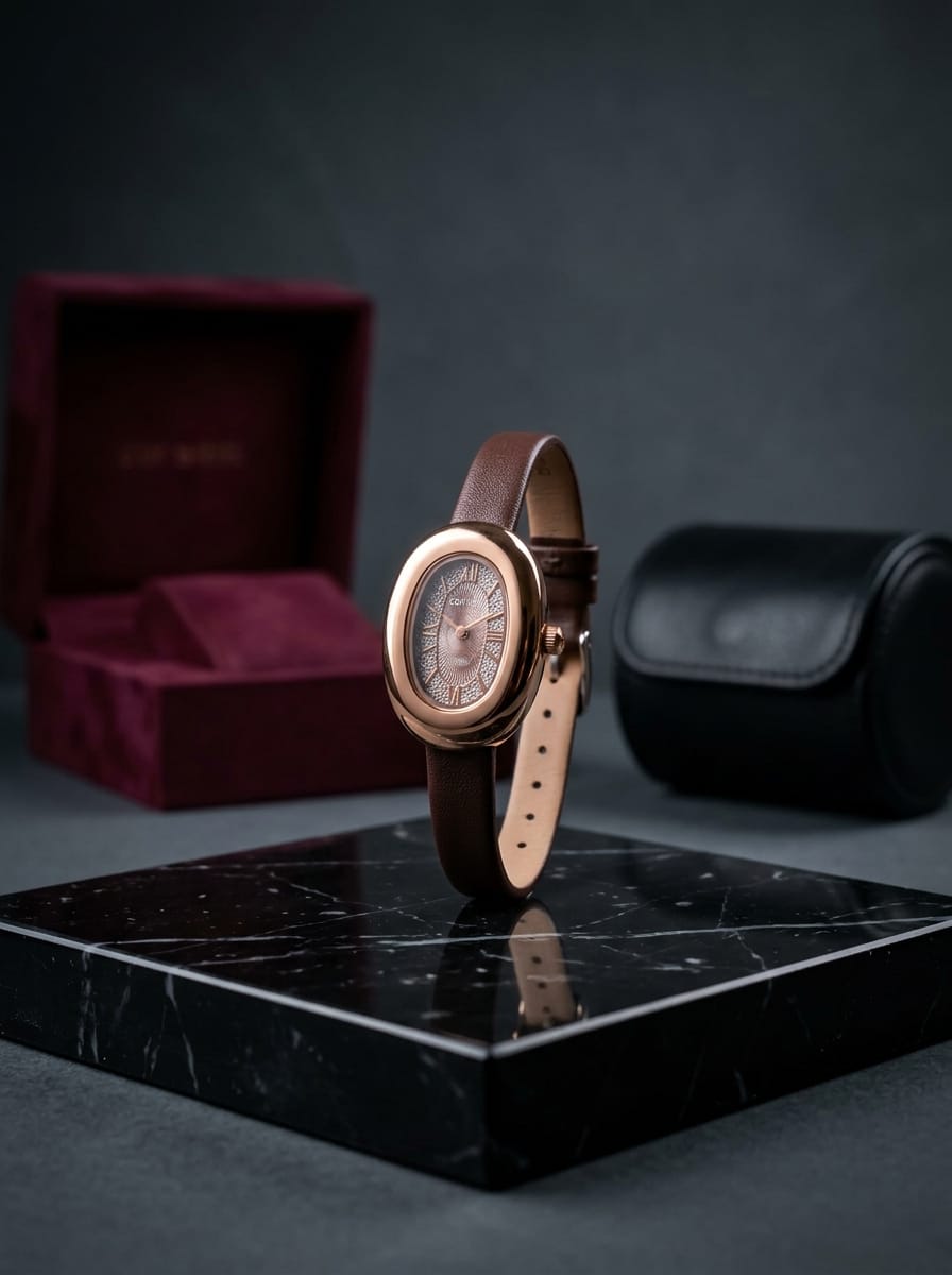 COSMO Women's Oval Watch – Rose Gold-Tone Case, Brown Leather Strap &amp; Textured Dial