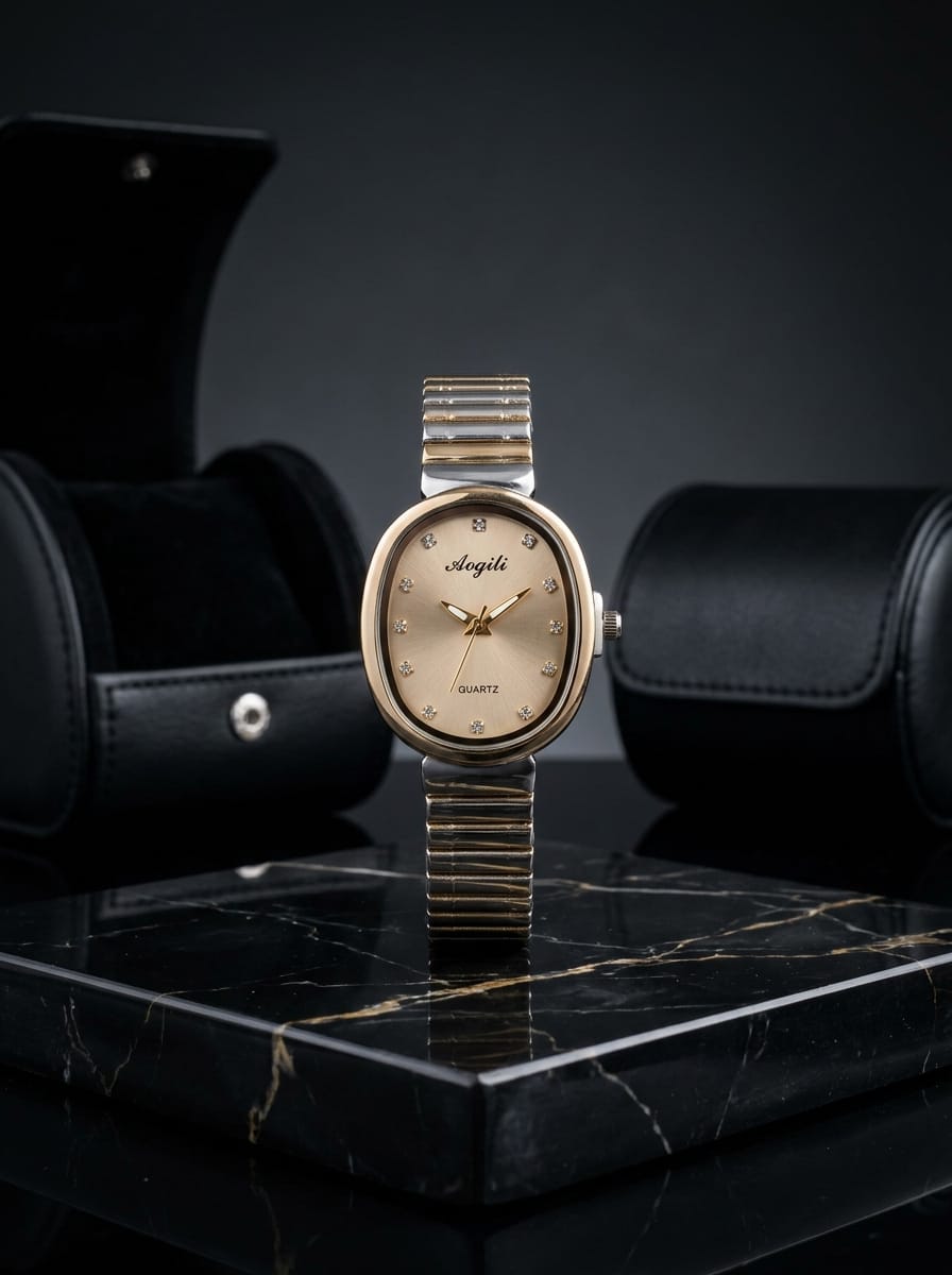 Women's Silver-Tone Oval Watch – Champagne Dial with Crystal-Style Markers