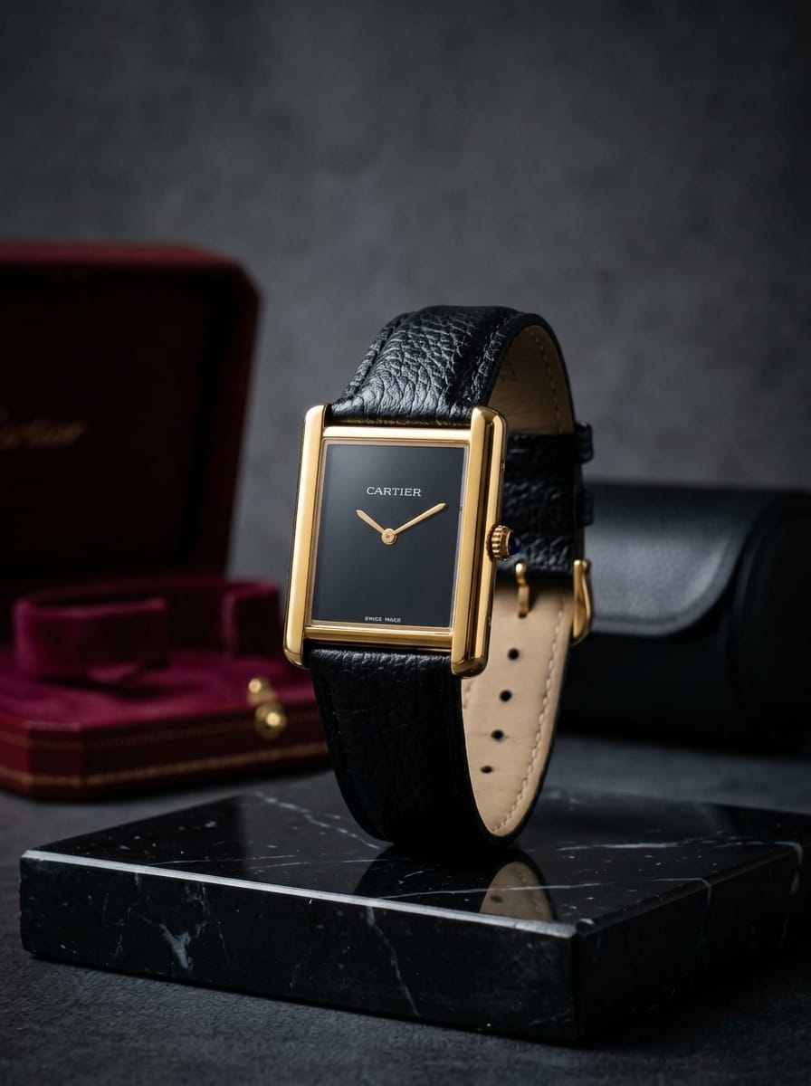 Tank Style – Black Dial Gold-Tone Leather Watch
