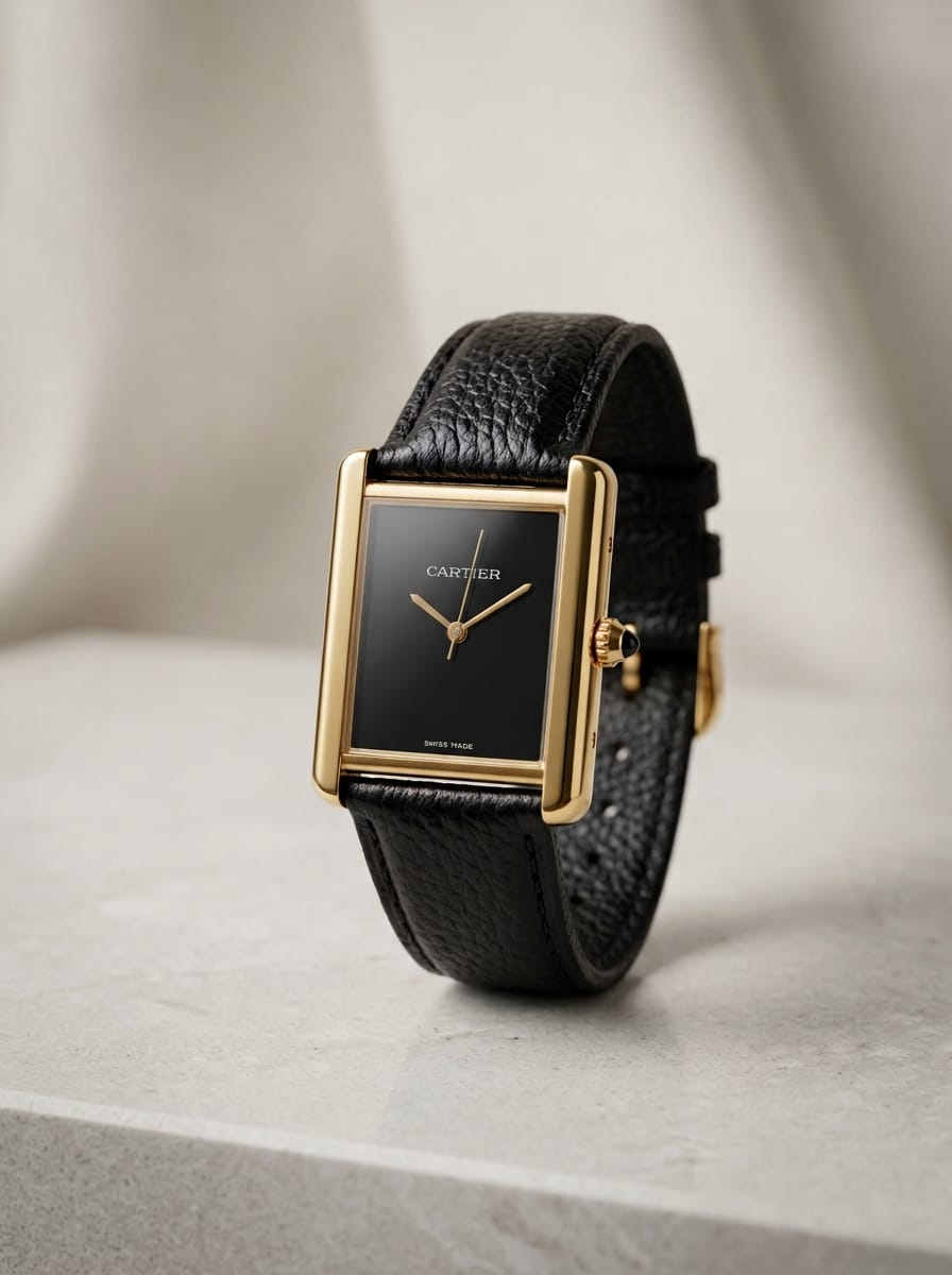 Tank Style – Black Dial Gold-Tone Leather Watch