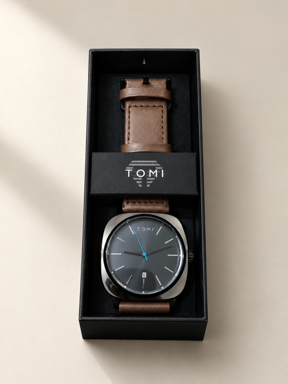 TOMI Men's Grey Dial Watch – Brown Leather Strap - With Box