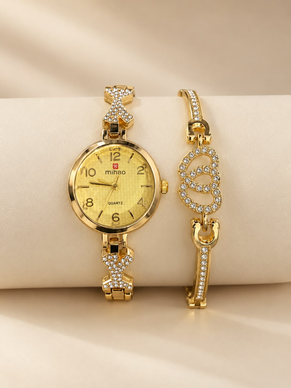 Minhao Ladies Quartz Watch – Gold Dial, Gold-Tone Crystal Bracelet & Matching Jewelry Set