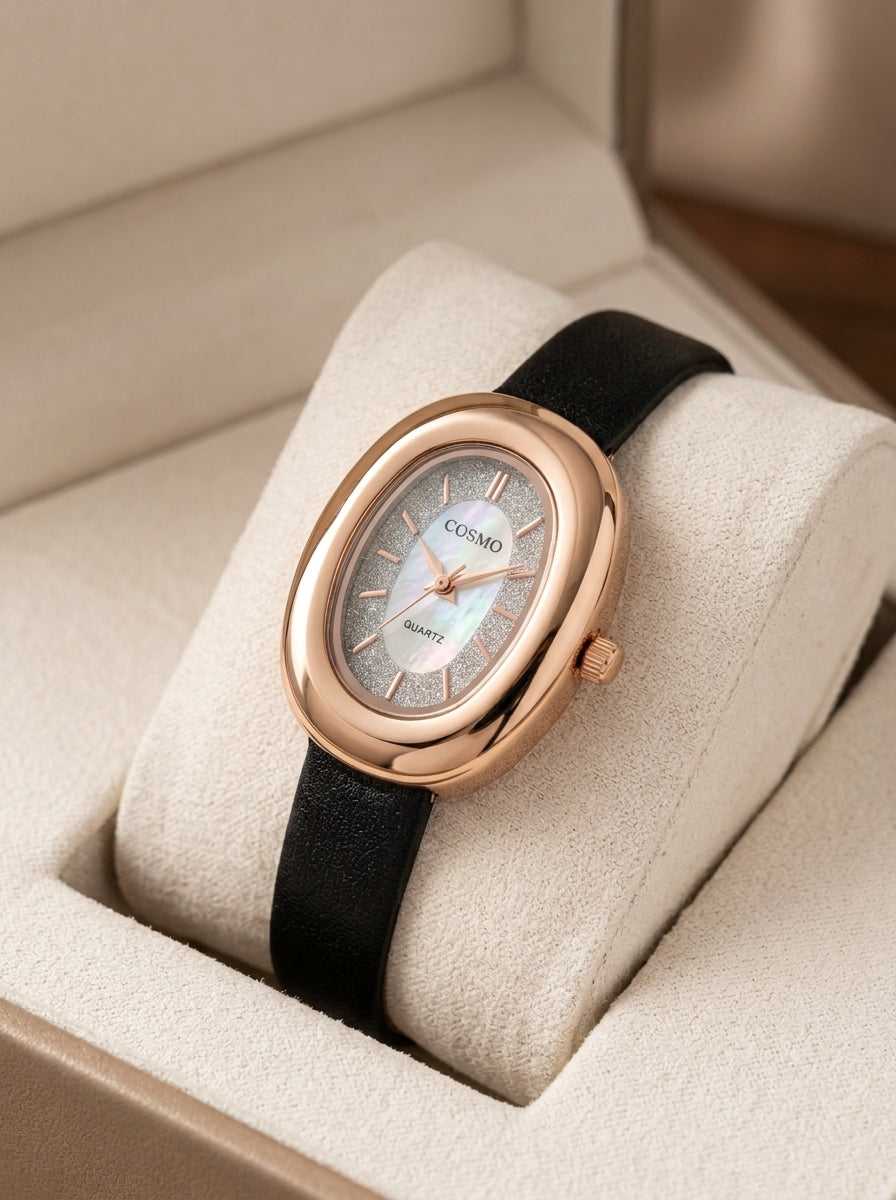 COSMO Women's Rose Gold Oval Watch – Mother of Pearl Dial &amp; Black Strap
