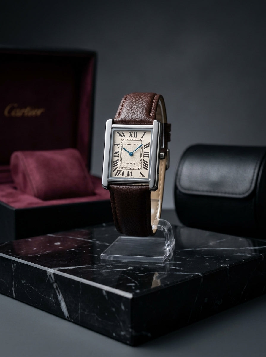 Tank Style Silver-Tone Brown Leather Watch – Roman Numeral Dial