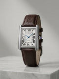Tank Style Silver-Tone Brown Leather Watch – Roman Numeral Dial