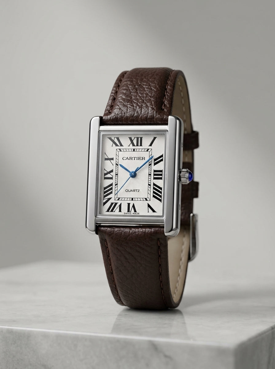 Tank Style Silver-Tone Brown Leather Watch – Roman Numeral Dial